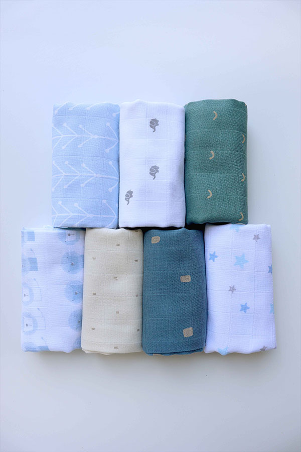 Set de 7 Langes Mousseline de Coton 50x50cm Blue